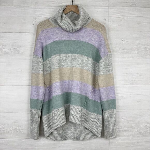 Gap Brushed Turtleneck Sweater Women L Striped Green Purple Relaxed Preppy Cozy - Picture 14 of 15